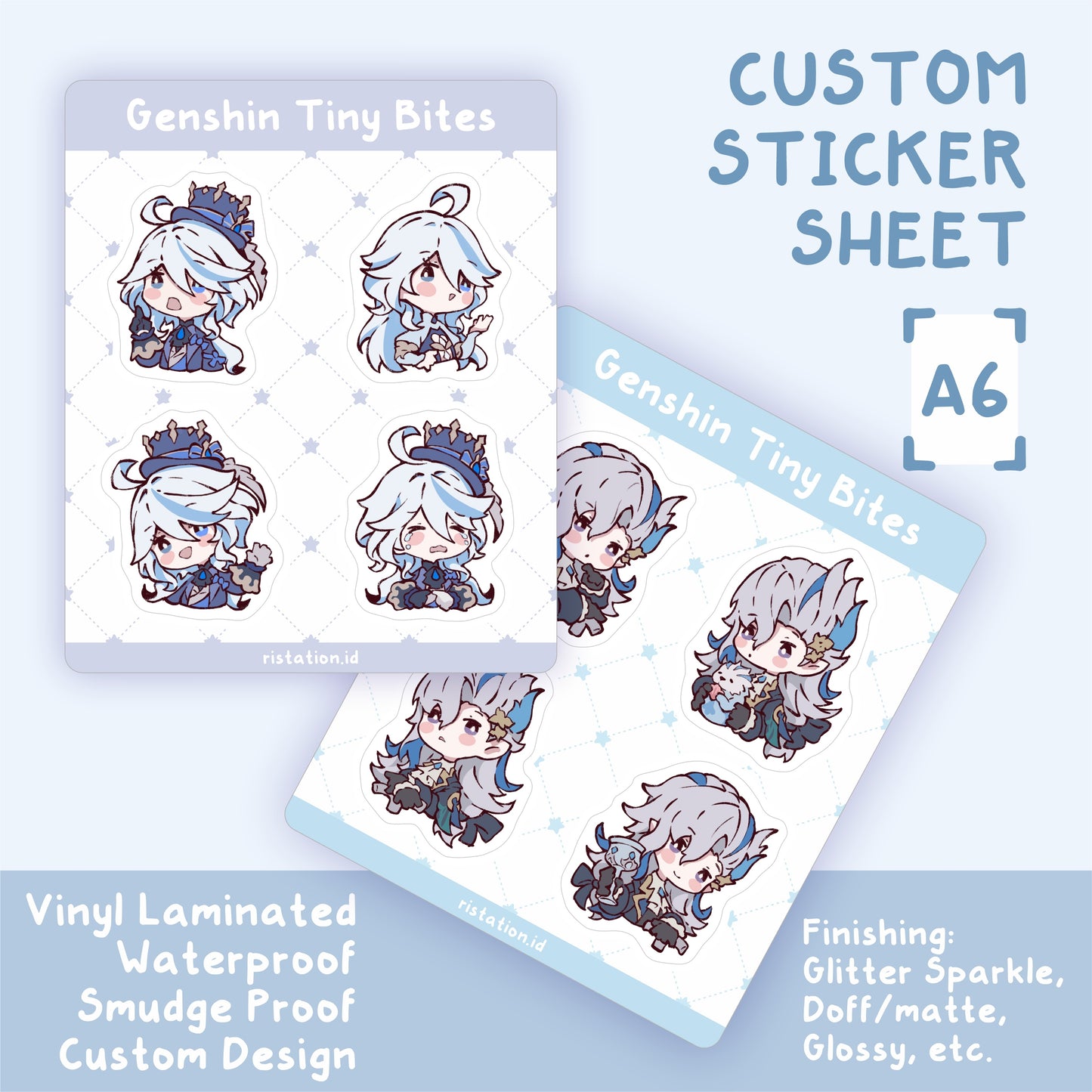 Custom Sticker Sheet Vinyl A6 (10.5x14.8cm) - Custom Print + Cutting Sticker - Kiss Cut Sticker - Glitter/Matte/Doff